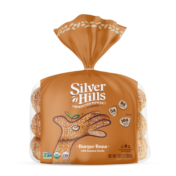 Silver Hills Bakery Sprouted Grain Organic Burger Buns with Sesame Seeds hero