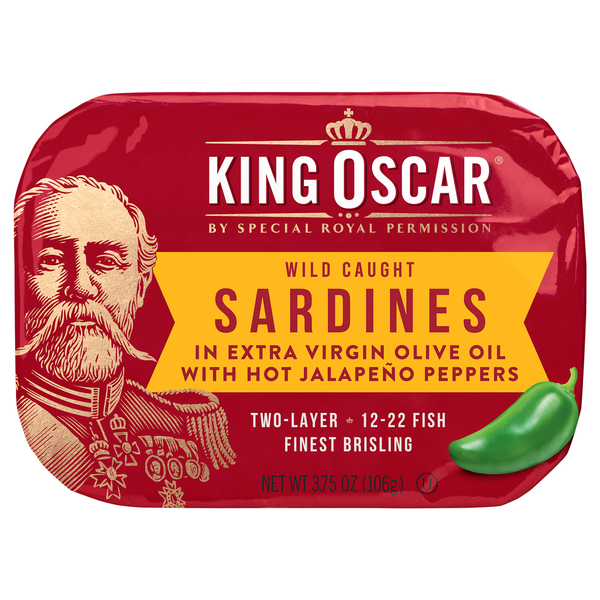 Canned Meat & Seafood King Oscar Sardines 2-Layer in Extra Virgin Olive Oil Jalapeno Peppers hero