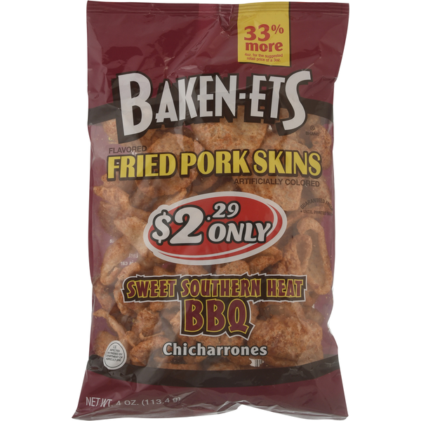 Chips & Pretzels Baken-Ets Fried Pork Skins, Sweet Southern Heat BBQ hero