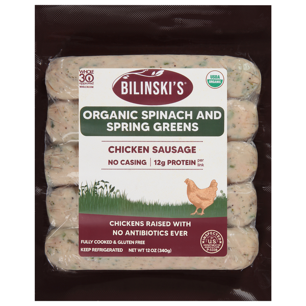 Hot Dogs, Bacon & Sausage Bilinski's Chicken Sausage, Organic, Spinach and Spring Greens hero