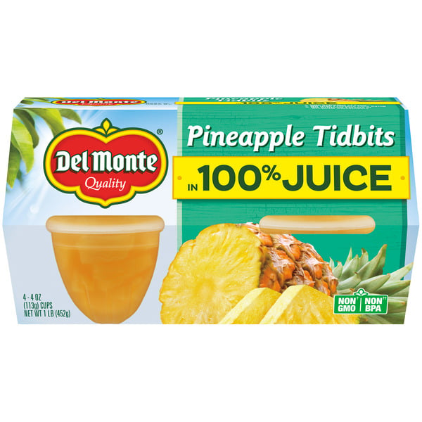 Canned Fruit & Applesauce Del Monte Pineapple Tidbits in 100% Juice Plastic Fruit Cup Snacks hero