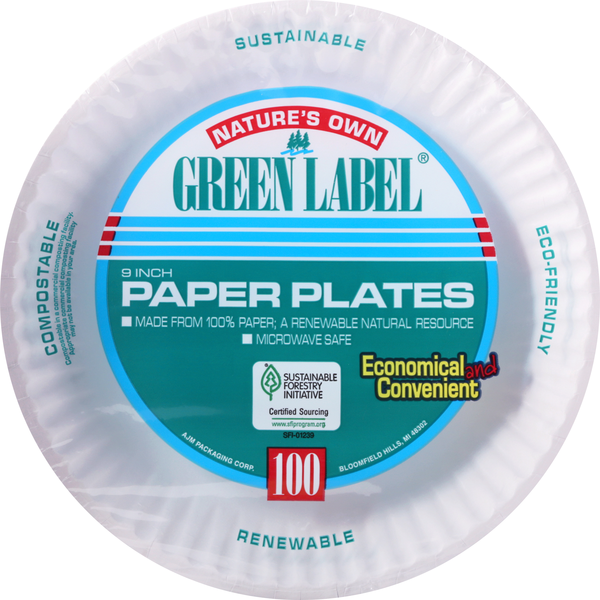 Plates, Bowls, Cups & Flatware Natures Own Green Label Paper Plates, 9 Inch hero