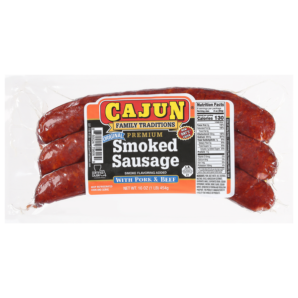 Hot Dogs, Bacon & Sausage Cajun Sausage, Smoked, Premium, Original hero