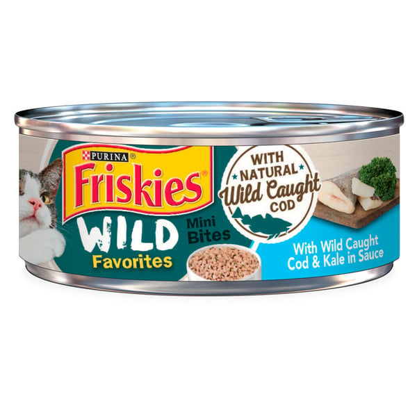 Purina Friskies Wet Cat Food Wild Favorites With Wild Caught Cod & Kale in Sauce hero