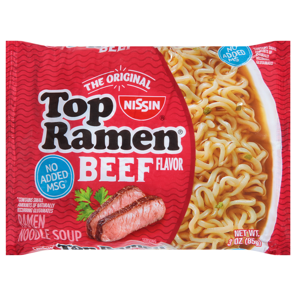 Dry Pasta Nissin Top Ramen Beef Flavor Ramen Noodle Soup hero