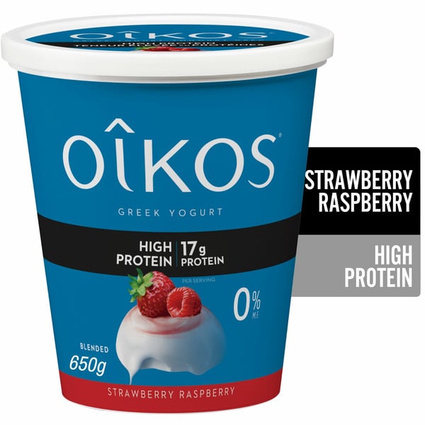 Yogurt Oikos High Protein Greek Yogurt, Strawberry-Raspberry Flavour, Blended, Value Tub hero