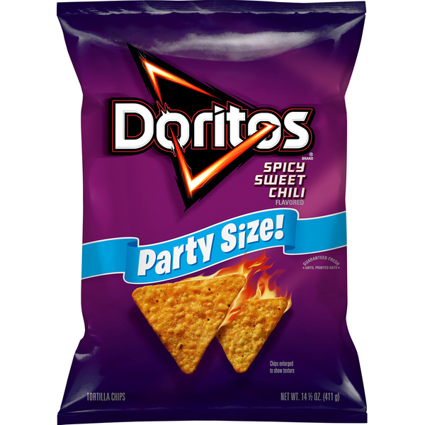 Chips & Pretzels Doritos Tortilla Chips, Spicy Sweet Chili Flavored, Party Size hero