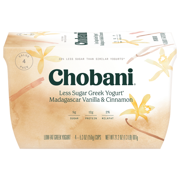 Chobani Yogurt, Greek, Low-Fat, Less Sugar, Madagascar Vanilla & Cinnamon, Value Pack hero