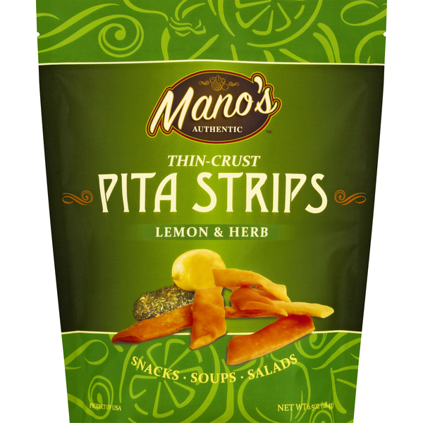 Crackers Mano's Pita Strips, Lemon & Herb, Thin Crust hero