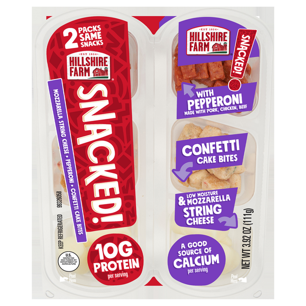 Packaged Meat Hillshire Farm Snacks, Mozzarella String Cheese, Pepperoni, Confetti Cake Bites, 2 Packs hero