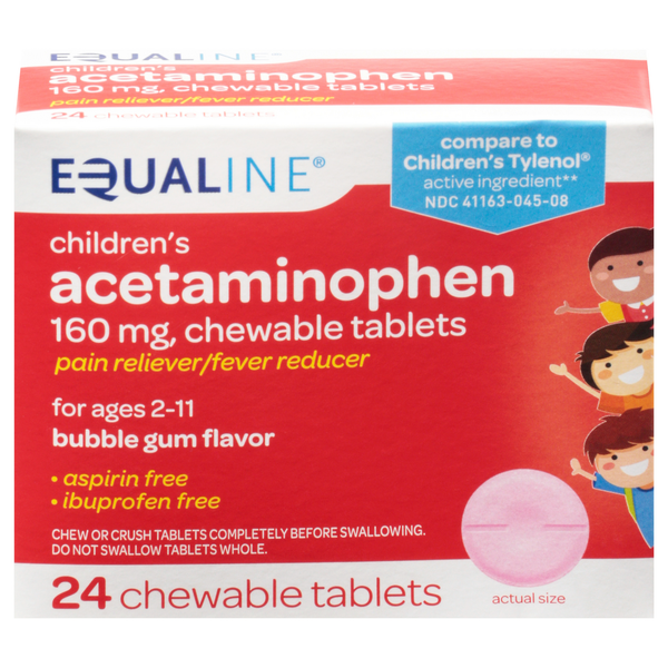 Muscles, Joints & Pain Relief Equaline Acetaminophen, 160 mg, Chewable Tablets, Bubble Gum Flavor, Children's hero