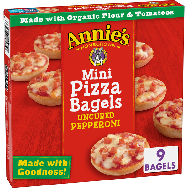 Frozen Appetizers & Sides Annie's Uncured Pepperoni Mini Frozen Pizza Bagels hero