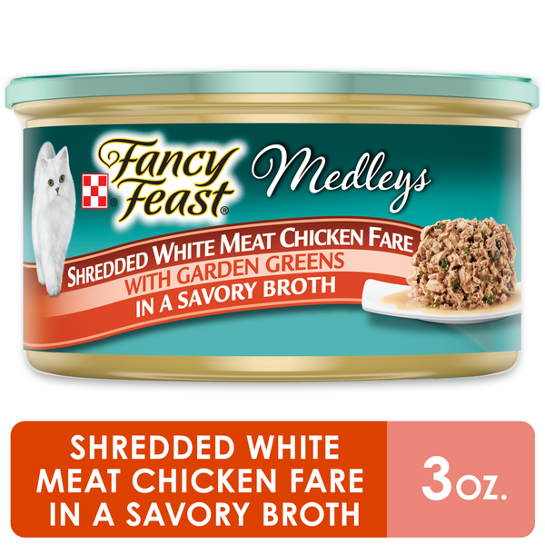 Wet Cat Food Purina Fancy Feast Broth Wet Cat Food, Medleys Shredded White Meat Chicken Fare With Garden Greens hero