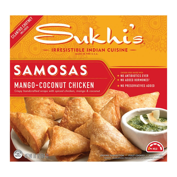 Frozen Appetizers & Sides Sukhi's Indian Mango Coconut Chicken Samosa Frozen Appetizer w/ Cilantro Chutney hero