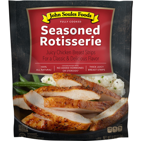 Frozen Meat & Chicken John Soules Foods Seasoned Rotisserie Chicken Strips, Refrigerated hero