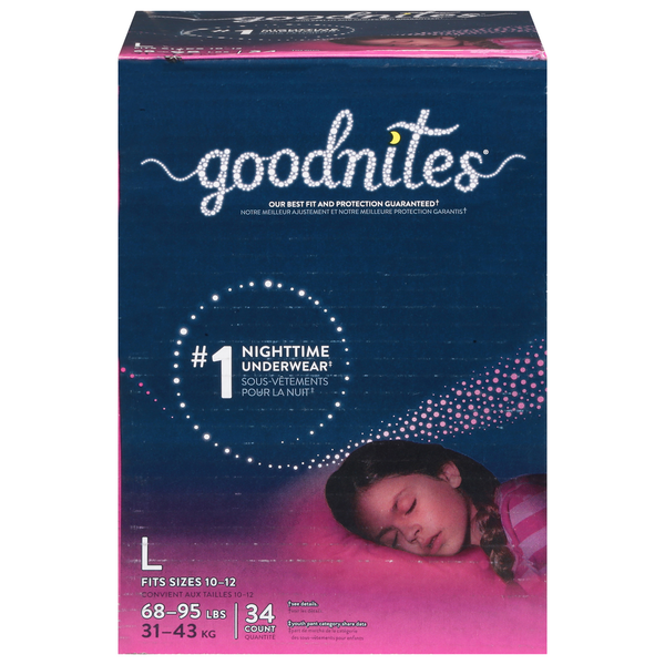 Diapers & Wipes Goodnites Girls' Nighttime Bedwetting Underwear, Size Large (68-95 lbs) hero