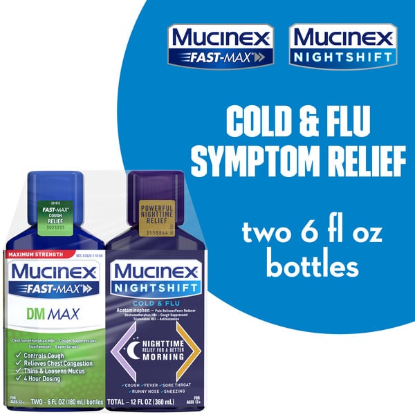 Cold, Flu & Allergy Mucinex Maximum Strength Fast-Max DM Max & Nightshift Cold & Flu Liquid hero