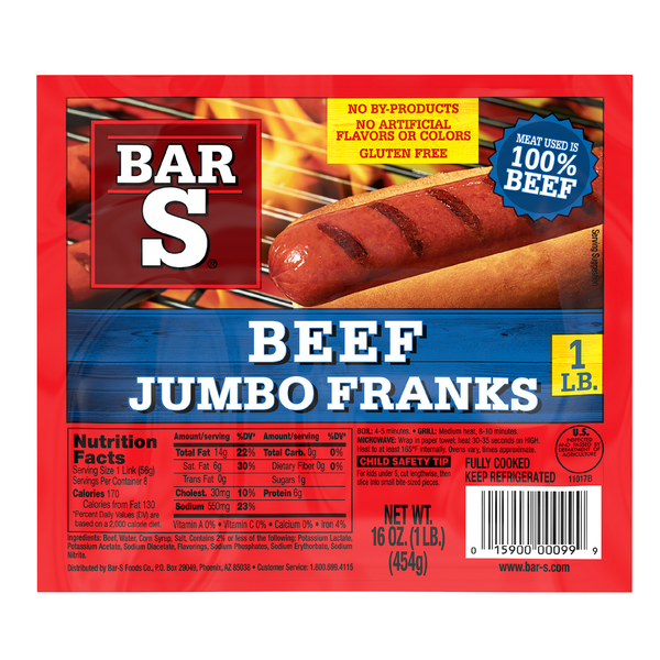 Hot Dogs, Bacon & Sausage Bar-S Beef Jumbo Franks Hot Dogs hero