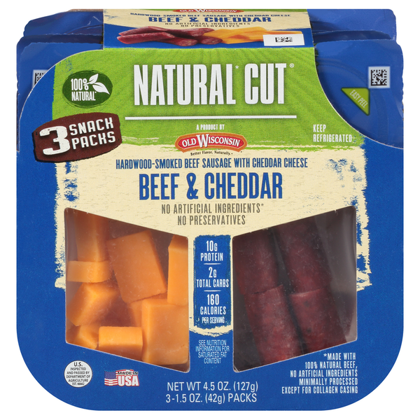 Hot Dogs, Bacon & Sausage Old Wisconsin Snack Packs, Beef & Cheddar, Natural Cut hero