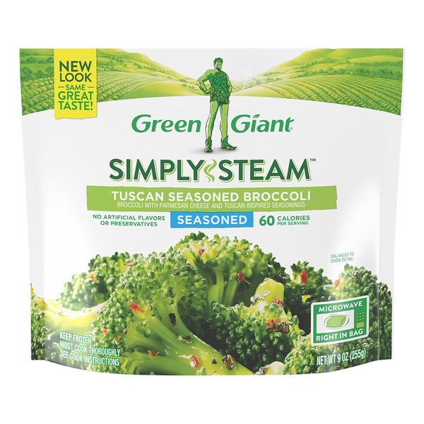 Frozen Produce Green Giant Simply Steam Tuscan Seasoned Broccoli, Seasoned Frozen Vegetables hero