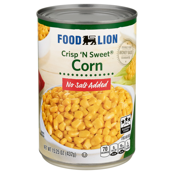 Canned & Jarred Vegetables Food Lion Corn, No Salt Added, Crisp 'n Sweet, Can hero