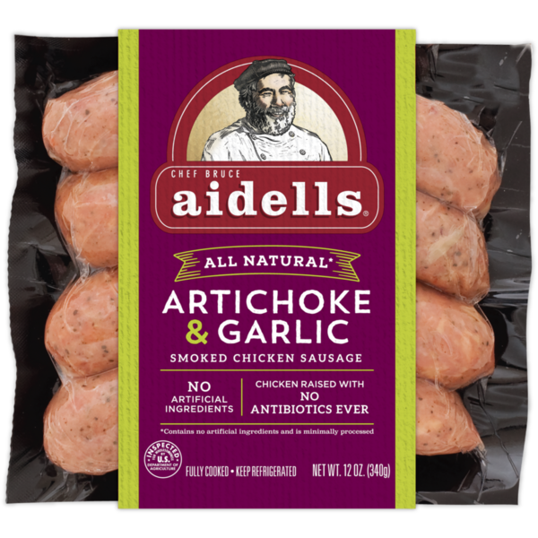 Hot Dogs, Bacon & Sausage Aidells Smoked Chicken Sausage, Artichoke & Garlic, 12 oz. (4 Fully Cooked Links) hero