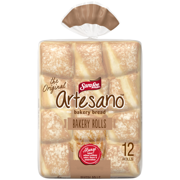 Packaged Bread Sara Lee Artesano, 12 count, White Sliced Bread Bakery Rolls hero