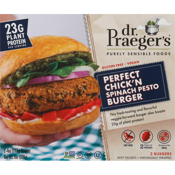 Frozen Vegan & Vegetarian Dr. Praeger's Burger, Perfect Chick'n Spinach Pesto hero