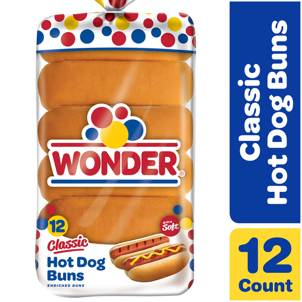 Buns & Rolls Wonder Bread Classic Hot Dog Buns, White Bread Hot Dog Buns, 12 Count hero