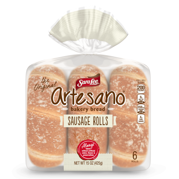 Packaged Bread Sara Lee Artesano, Bakery Bread, 6 count, Plain Sausage Rolls hero