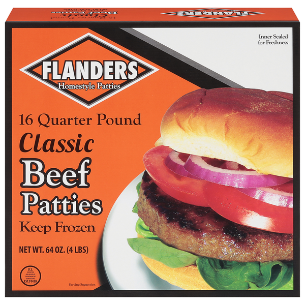 Frozen Meat & Seafood Flanders Beef Patties, Quarter Pounder, Classic hero