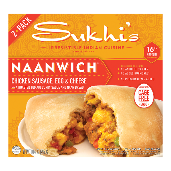 Frozen Breakfast Sukhi's Indian Chicken Sausage, Egg & Cheese Naan Flatbread Breakfast Sandwich hero