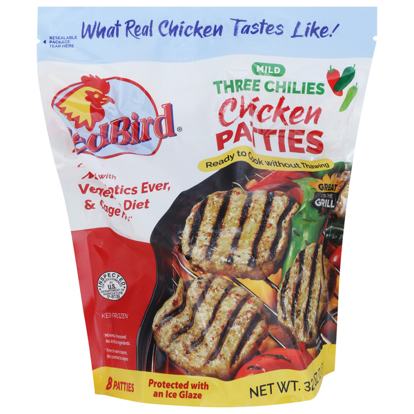 Frozen Meat & Seafood Red Bird Chicken Patties, Three Chilies, Mild hero