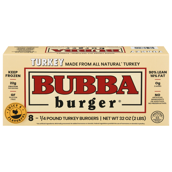 Frozen Meat & Seafood Bubba Burger Burgers, Turkey, 90%/10% hero