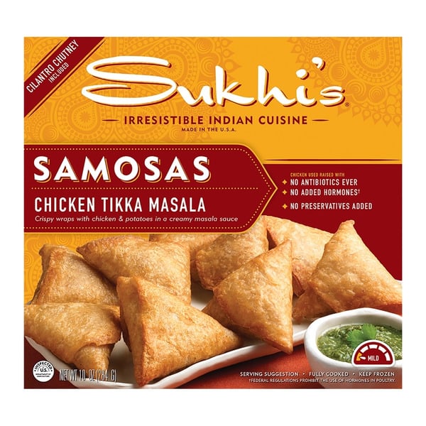 Frozen Meals Sukhi's Indian Chicken Tikka Masala Samosa Frozen Appetizer w/ Cilantro Chutney hero