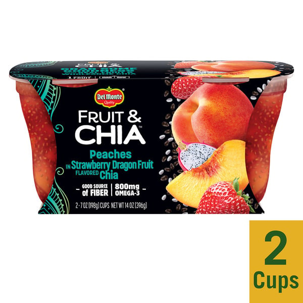 Canned Fruit & Applesauce Del Monte Fruit & Chia Peaches in Strawbery Dragonfruit Flavored Chia Plastic Fruit Cup Snacks hero