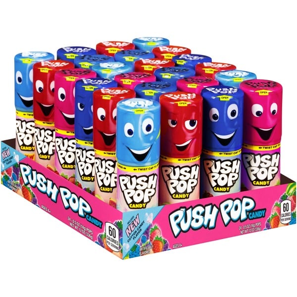 Candy & Chocolate Push Pop Candy Assortment in Bulk 24 Pack – Blue Raspberry, Watermelon, Strawberry, Cotton Candy & Mystery Flavors hero