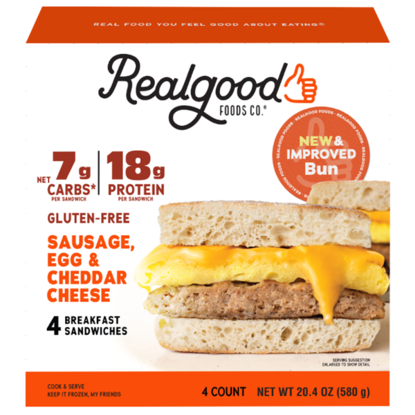 Frozen Meals Real Good Foods Low Carb Sausage, Egg, and Cheese Breakfast Sandwiches hero