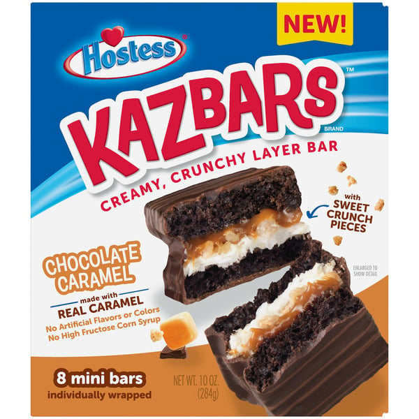 Hostess Chocolate Caramel KAZBARS Creamy and Crunchy Layer Bar Individually Wrapped hero