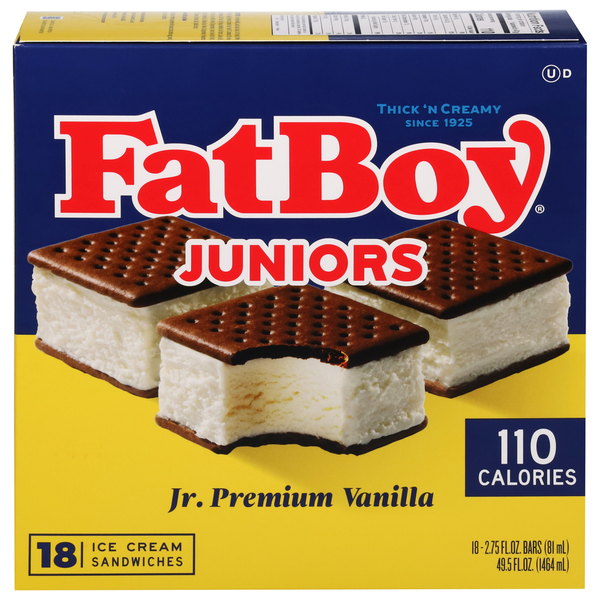 Ice Cream & Ice FatBoy Ice cream Sandwiches, Jr. Premium Vanilla, Juniors hero