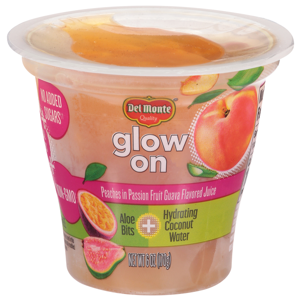 Juice & Nectars Del Monte Peaches, in Passion Fruit Guava Flavored Juice, Glow On hero