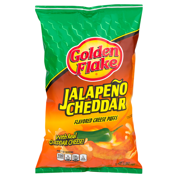 Chips & Pretzels Golden Flake Cheese Puffs, Jalapeno Cheddar hero