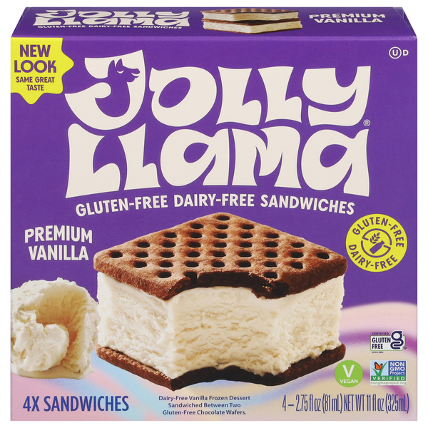 Ice Cream & Ice Jolly Llama Frozen Dessert Sandwiches, Dairy-Free, Gluten-Free, Premium Vanilla hero