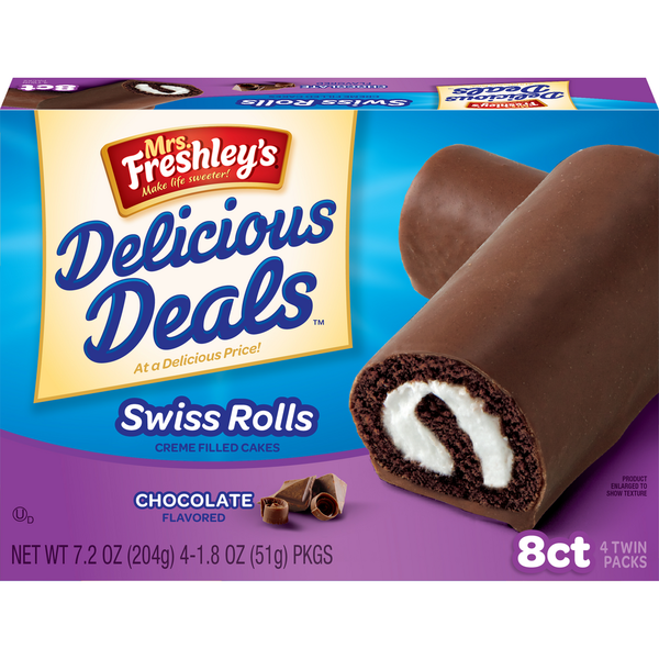 Snacks Mrs. Freshley's Swiss Rolls, Chocolate, Twin Packs hero