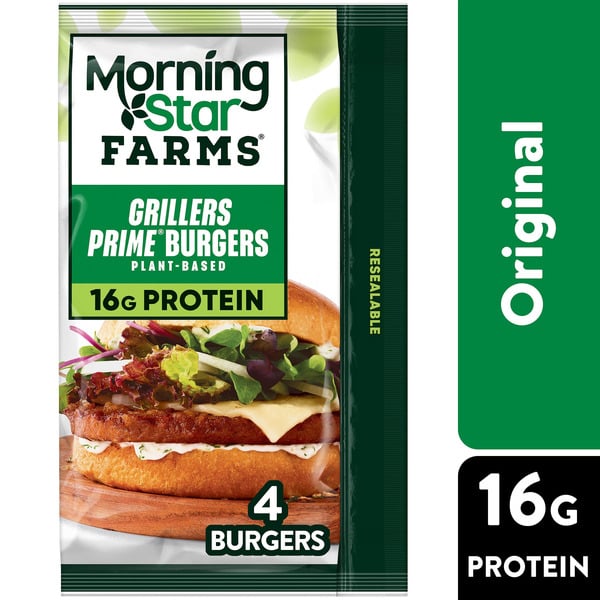 Frozen Vegan & Vegetarian Morning Star Farms Plant Based Veggie Burgers, Vegetarian Meat, Frozen Meal Starter, Grillers Prime hero