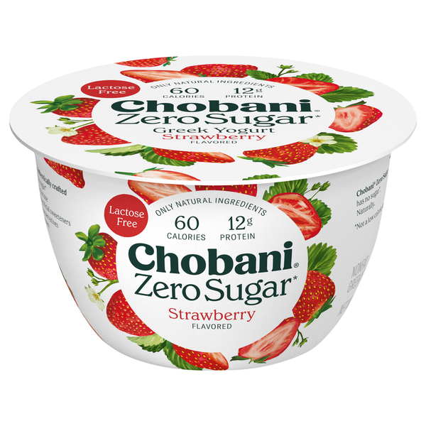 Yogurt Chobani Yogurt, Greek, Nonfat, Zero Sugar, Strawberry Flavored hero