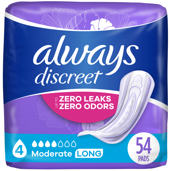 Feminine Care Always Discreet Incontinence Pads for Women and Postpartum Pads, Moderate Long hero