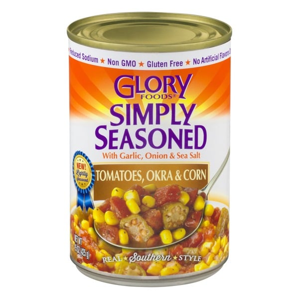 Canned & Jarred Vegetables Glory Foods Simply Seasoned Tomatoes, Okra & Corn hero