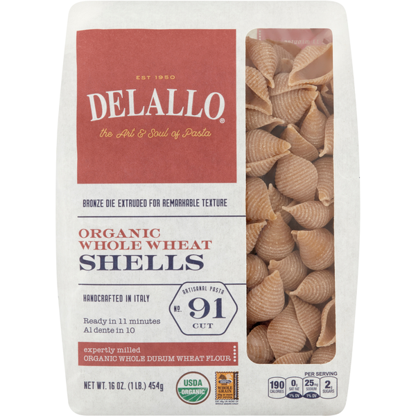 Dry Pasta DeLallo Shells, Organic, Whole Wheat, No. 91 Cut hero