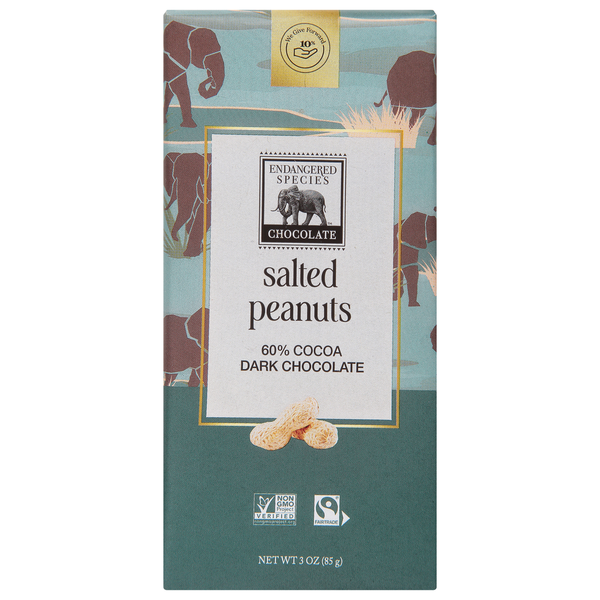 Candy & Chocolate Endangered Species Dark Chocolate, Salted Peanuts, 60% Cocoa hero